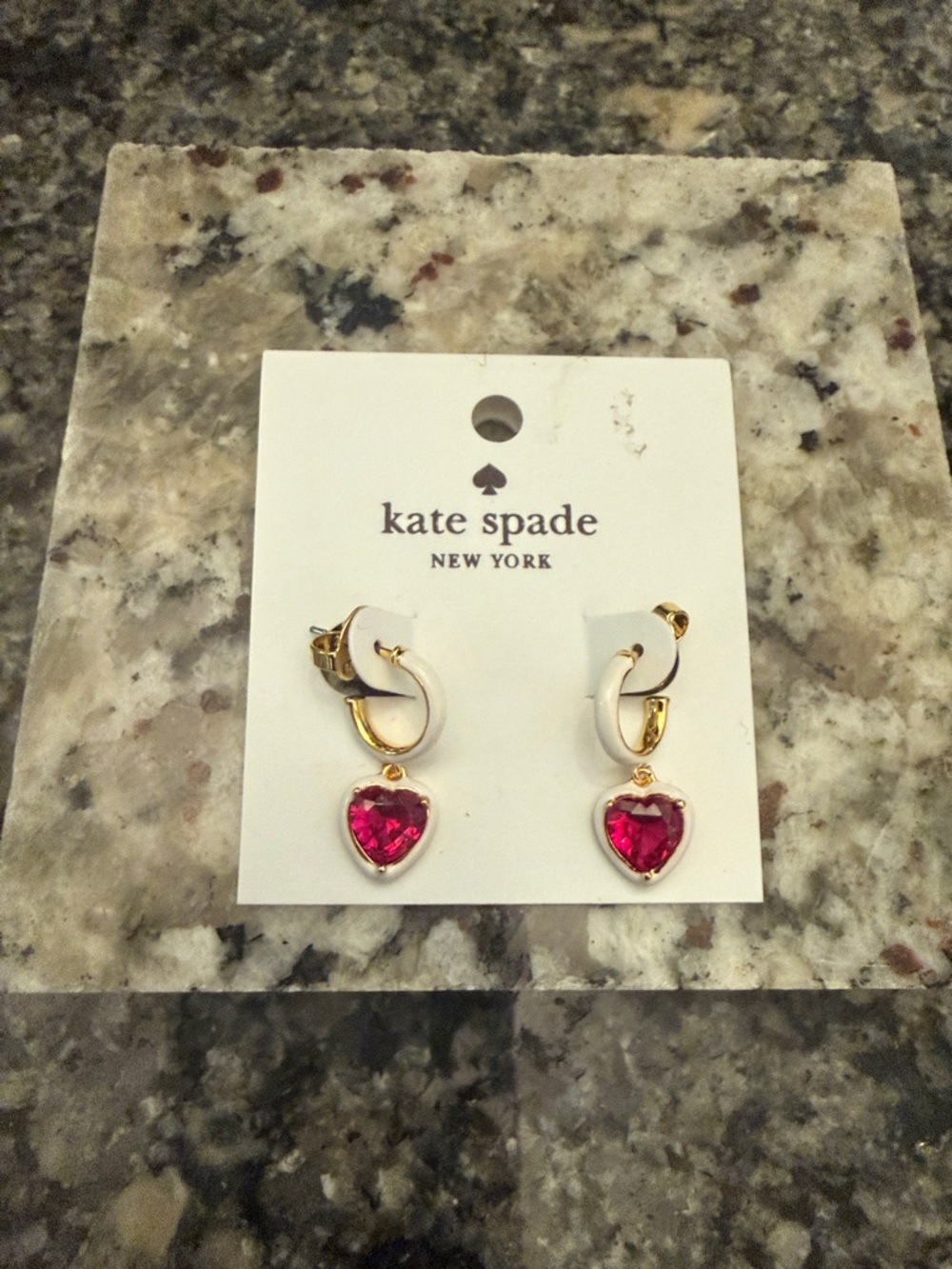 kate spade Gold and White Hoop Earrings with Pink Heart Drops